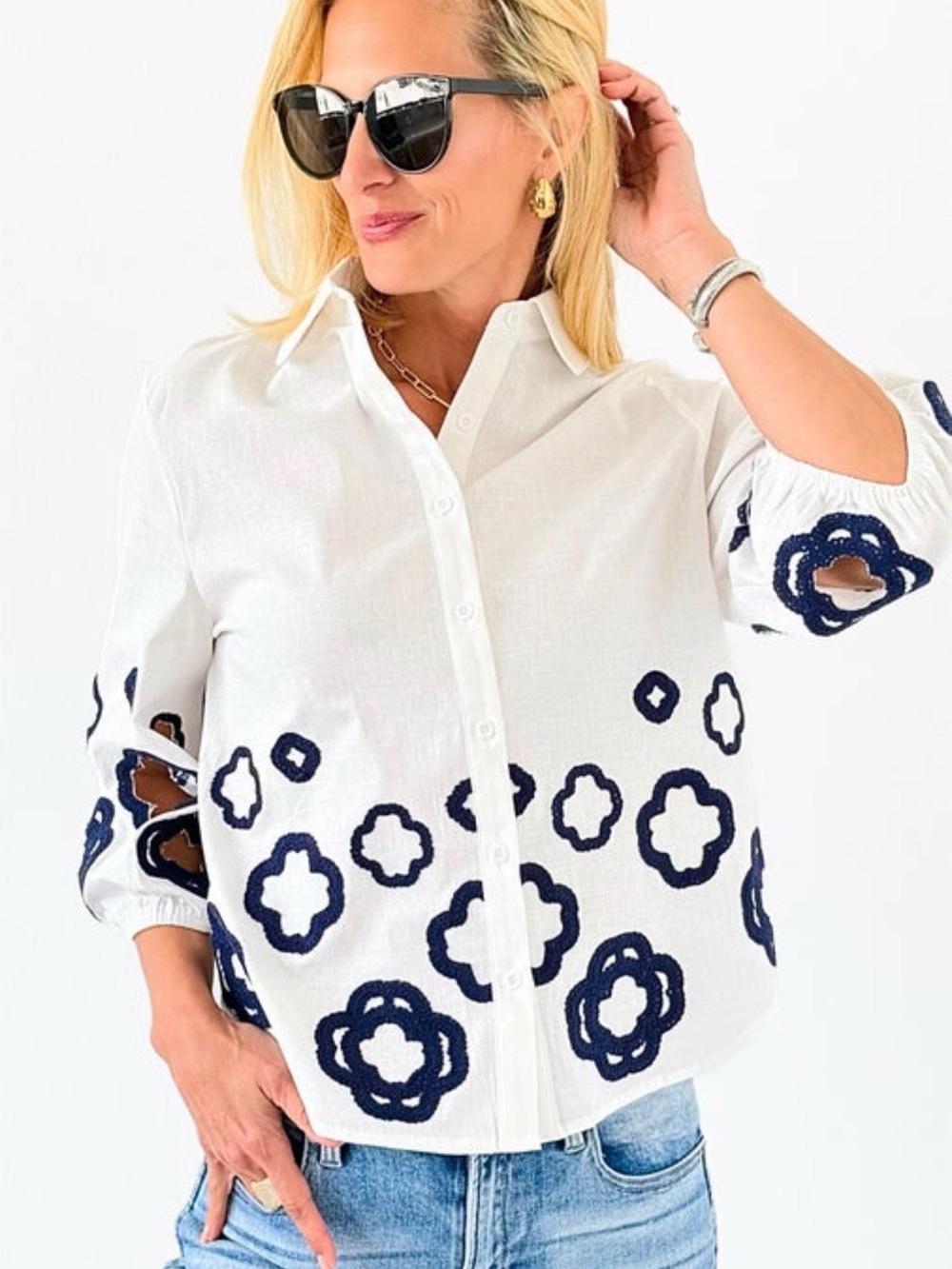 Women’s White Button-Up Top with Navy Floral Embroidery